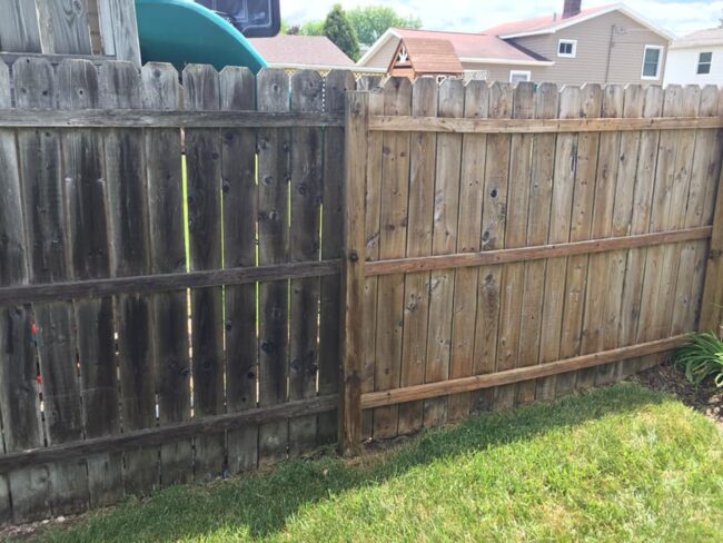 In this image taken by Larry Buirge at Ability Power Washing in Waukegan, IL, you can see a portion of the fence has been restored with HD Britenol.